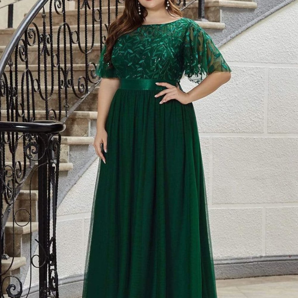 Plus Size Women's Embroidery Evening Dresses with Short Sleeve